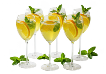 Refreshing beverages in elegant wine glasses with orange slices and mint sprigs displayed together on transparent background