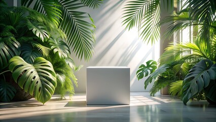 A white product display box is nestled among lush green tropical plants, bathed in sunlight in a minimalist studio setting
