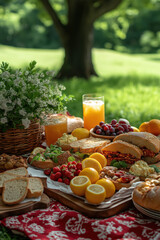 Pique-nique champêtre estival, aliments frais et colorés disposés sur nappe, ambiance conviviale et naturelle en plein air, sandwiches, fruits, pain, boissons et verdure