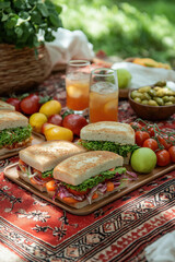 Pique-nique champêtre estival, aliments frais et colorés disposés sur nappe, ambiance conviviale et naturelle en plein air, sandwiches, fruits, pain, boissons et verdure
