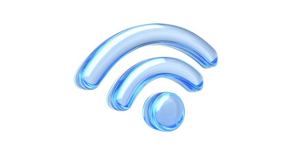 Wi-Fi signal icon in 3D glass style, glowing blue, on white background, PNG