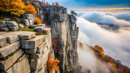 A dramatic cliff face overlooks a sea of clouds during autumn, creating a breathtaking landscape
