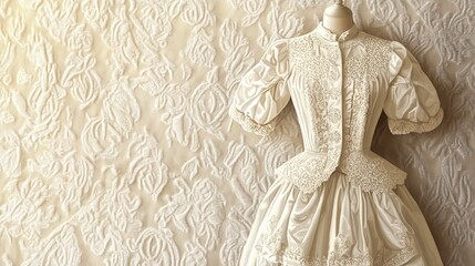 Ornate vintage wedding gown displayed against a patterned backdrop.