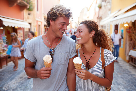 Couple enjoys ice cream while strolling hand-in-hand in a picturesque street at sunset