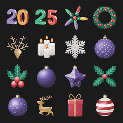 vector Happy New Year Celebrating 2025 in Latin letters , Christmas Decoration Items Santa Claus

