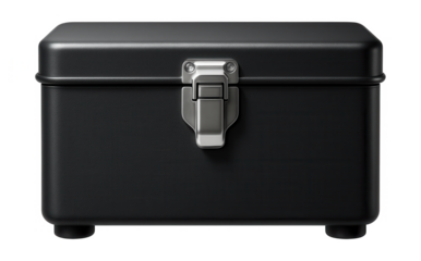 A metal box with a latch lid for holding tools in a garage.