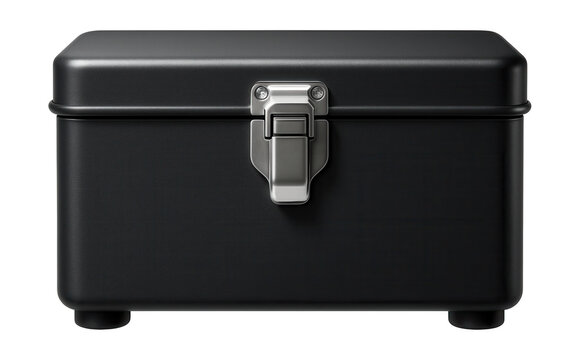 A metal box with a latch lid for holding tools in a garage.