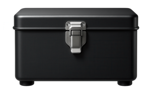 A metal box with a latch lid for holding tools in a garage.