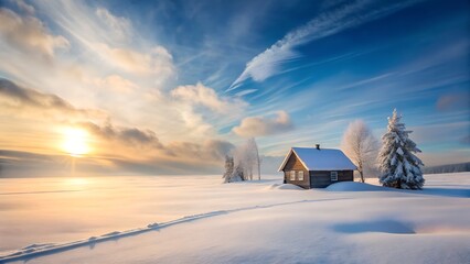 A cozy wooden cabin sits in a snowy field at sunrise, surrounded by frosted trees under a vibrant sky