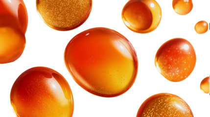 Vitamin C serum drops in orange hue with reflections, close-up top view, PNG