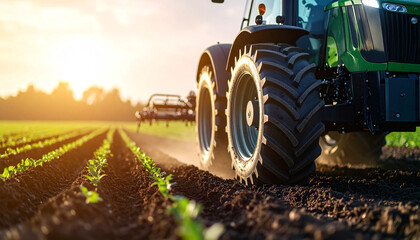 Tractor in Agricultural Field: A powerful tractor cultivating a fertile field under a bright sun, epitomizing the heart of agricultural work and the promise of harvest.