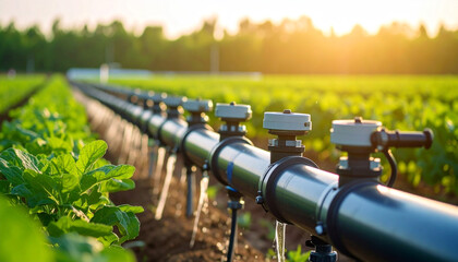 Watering the Land: Captivating shot of an irrigation system nourishing rows of verdant plants in a cultivated field, harnessing the life-giving essence of water under the radiant glow of the sun.