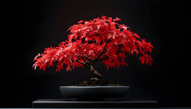 bonsai art Japanese red maple bonsai on stand Bright red leaves on dark background. Autumn landscape, Detail, high resolution. Plant with red maple leaves, autumn