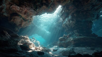 Obraz premium underwater cave with sunlight coming in through the gaps in the rocks
