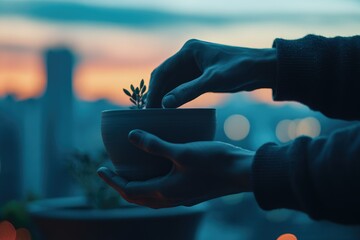 Silhouetted hands gently planting a small succulent in a dark ceramic pot at sunset.