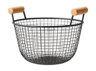 Rustic wire basket with wooden handles, fitting for collecting eggs from a backyard coop.