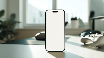 Empty smartphone displayed on a desk near a window with sunlight illuminating the workspace