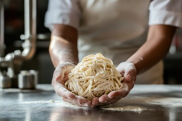Chef's hands gently hold a freshly made mound of light yellow pasta, dusted with flour.
