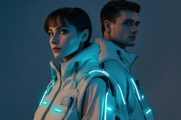 Futuristic couple in illuminated jackets, posing against a blue backdrop, showcasing technological fashion.