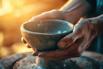 A potter's hands carefully hold a newly formed clay bowl, showcasing the artistry and craftsmanship.
