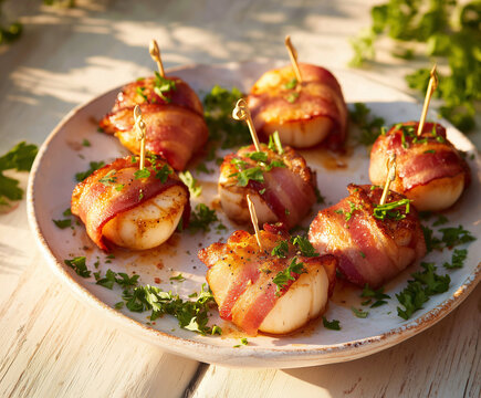 Savory scallops wrapped in bacon served on a rustic plate with fresh herbs during a sunny gathering