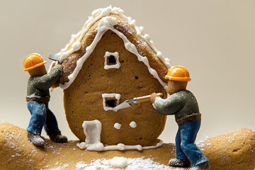 Miniature workers construct a gingerbread house, adding icing details.