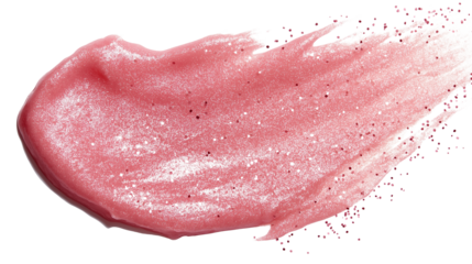 Shimmery lip balm smear with micro-glitter particles, soft pink tone, isolated on white, PNG