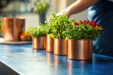 Fresh herbs in copper pots on a blue countertop, bathed in sunlight.
