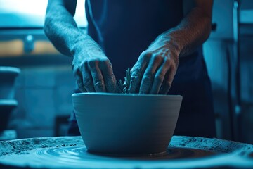 A potter carefully plants a sprig of greenery into a handmade ceramic bowl on a pottery wheel.