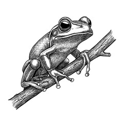 Detailed Sketche of Frog on Branche in Black and White Art, vector illustration, engraving design, logo design set, black and white line