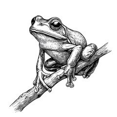 Detailed Sketche of Frog on Branche in Black and White Art, vector illustration, engraving design, logo design set, black and white line