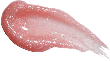 Shimmery lip balm smear with micro-glitter particles, soft pink tone, isolated on white, PNG