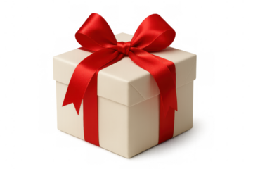 Elegant white gift box tied with a beautiful red satin ribbon, perfect for celebrations and special occasions, on transparent background