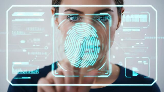 Biometric Scan: A woman in her twenties uses advanced facial and fingerprint recognition for secure digital identification and futuristic technology. - Powered by Adobe