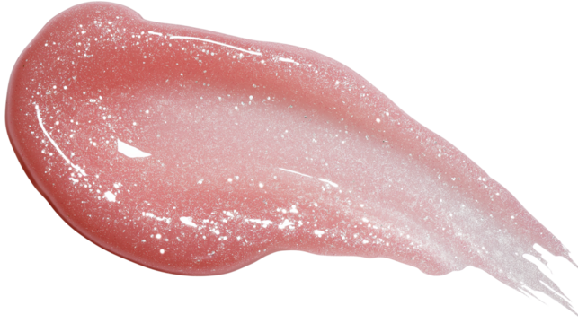Shimmery lip balm smear with micro-glitter particles, soft pink tone, isolated on white, PNG