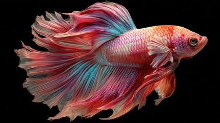 Fototapeta premium Beautiful Siamese fighting fish on dark background. Betta fish. Colorful fighting Siamese fish with beautiful silk tail isolated on black. Generative AI.