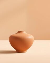 Terracotta vase on beige, bathed in warm peach light.