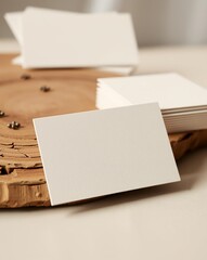 Close-up shot of a stack of white business cards on a wooden board.