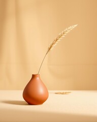 Minimalist terracotta vase with a single dried flower on a beige surface, studio shot.