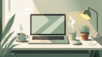 Home Office Workspace Vector with Laptop and Morning Sunlight Shadows