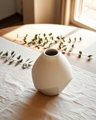A modern, neutral-toned vase sitting on a textured fabric table, with decorative greenery.