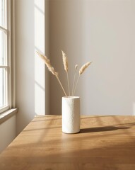 Minimalist interior still life with a white vase containing dry plants on a wooden table.
