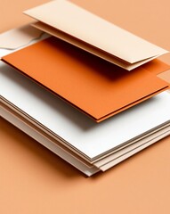 Close-up shot of neatly stacked stationery supplies: blank white, orange, and beige paper