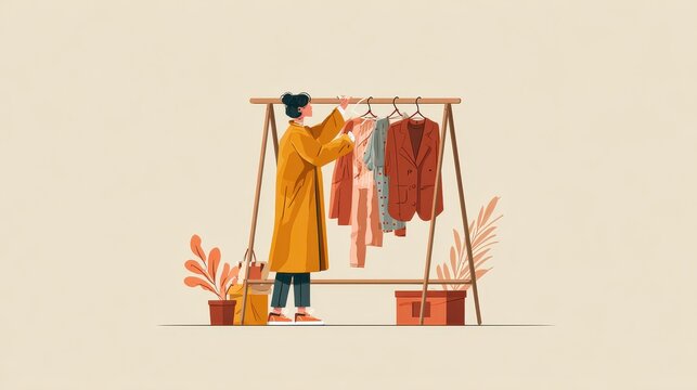 Main master designer creating fashion clothes designs and hanging it on coat rack. Fashion house, clothing design house, fashion production concept. Header or footer banner template with copy space.,