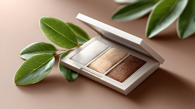 Makeup palette with metallic silver, gold, bronze eyeshadows lying on soft brown surface near green botanical leaves, highlighting luxurious cosmetic composition, mockup. - Powered by Adobe