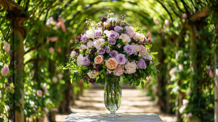 Elegant English garden bouquets in vintage vases, adorned with peonies, tulips and roses and other flowers, displayed in manor garden with dappled light and timeless floral grace
