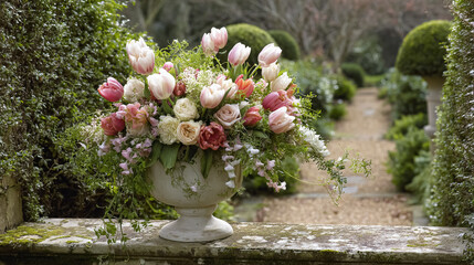 Elegant English garden bouquets in vintage vases, adorned with peonies, tulips and roses and other flowers, displayed in manor garden with dappled light and timeless floral grace