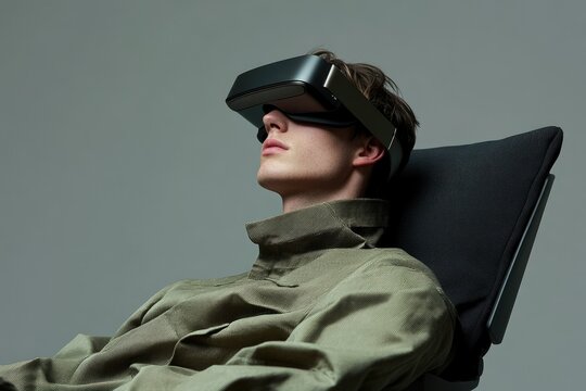A man relaxes in a chair wearing a sleek VR headset, experiencing immersive virtual reality. - Powered by Adobe