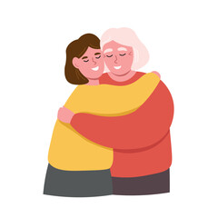 Grandmother hugs her daughter. Women of different generations hug each other. Vector flat graphics.