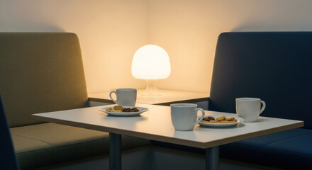 Cozy corner with a lamp and snacks. Photos